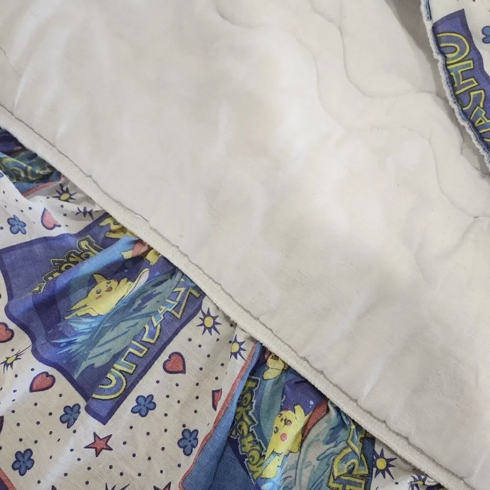 Vintage 90s Pokemon Pikachu Bedspread Comforter Blue White Multi Ruffle Twin